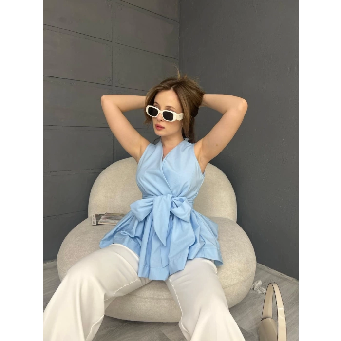 Sıfır Kol Kuşaklı Bluz Bebe Mavisi