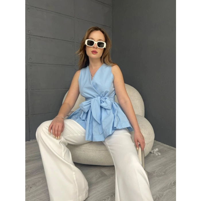 Sıfır Kol Kuşaklı Bluz Bebe Mavisi