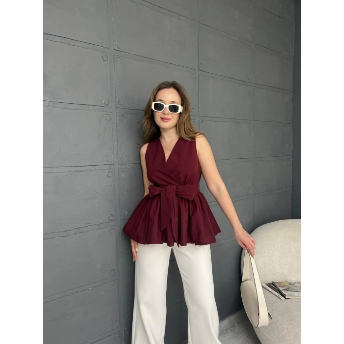 Sıfır Kol Kuşaklı Bluz Bordo