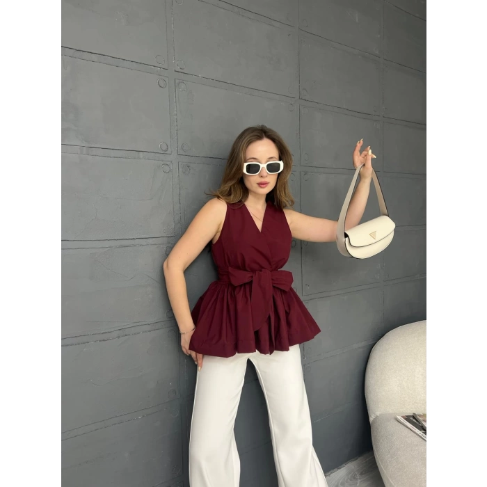 Sıfır Kol Kuşaklı Bluz Bordo
