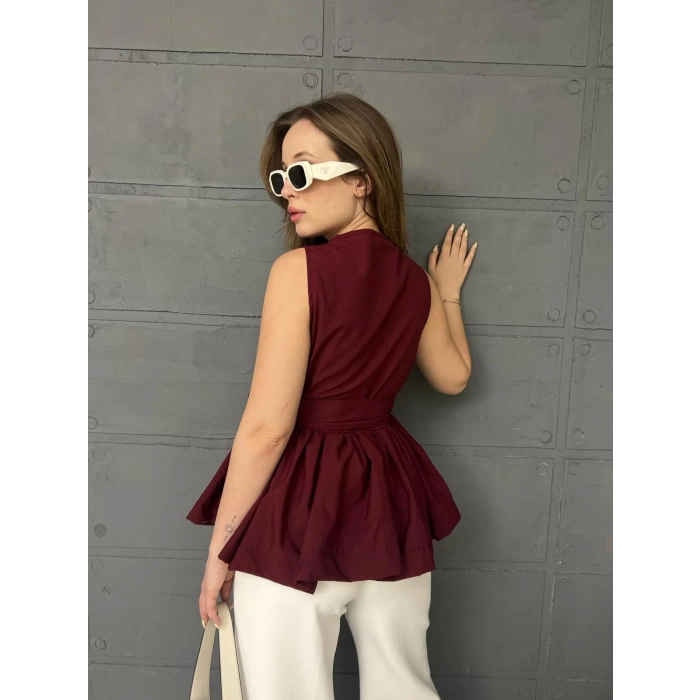 Sıfır Kol Kuşaklı Bluz Bordo