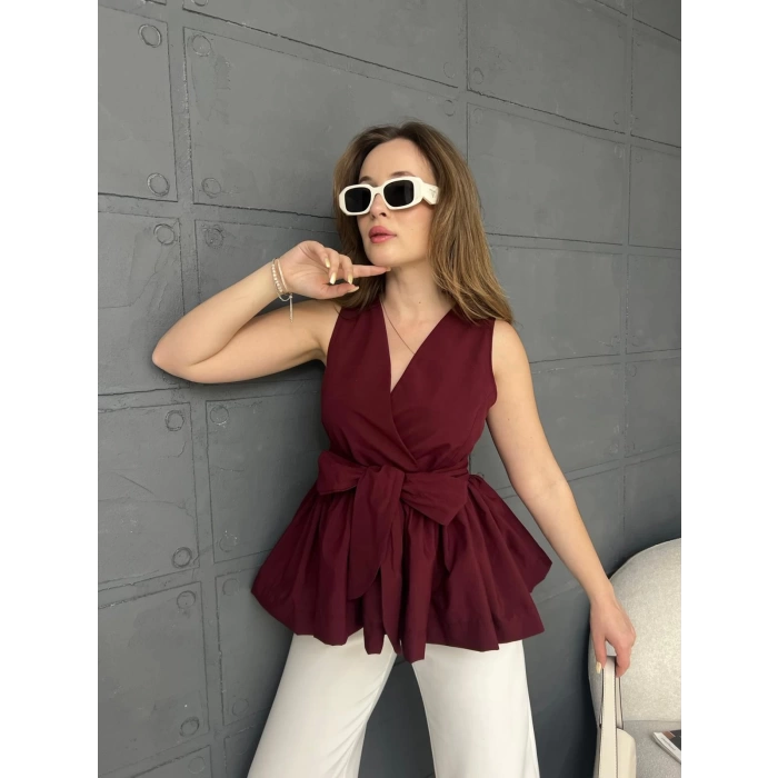 Sıfır Kol Kuşaklı Bluz Bordo