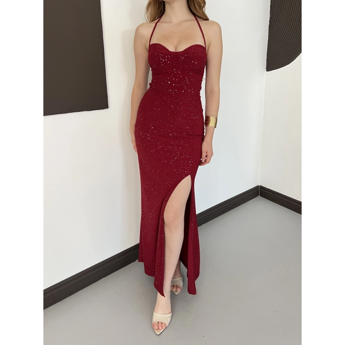 Sim Detaylı Askılı Yırmaçlı Gece Elbisesi Bordo