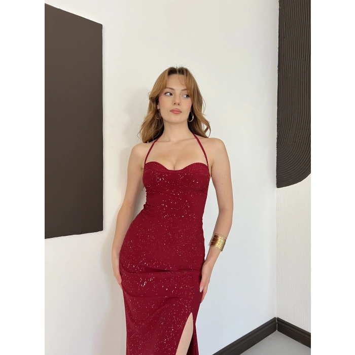 Sim Detaylı Askılı Yırmaçlı Gece Elbisesi Bordo