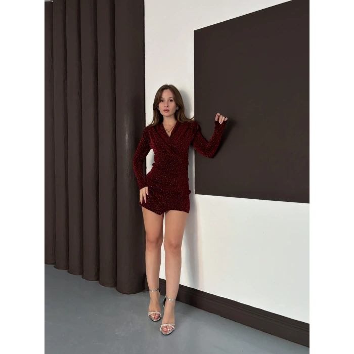 Sim Detaylı Mini Elbise Bordo