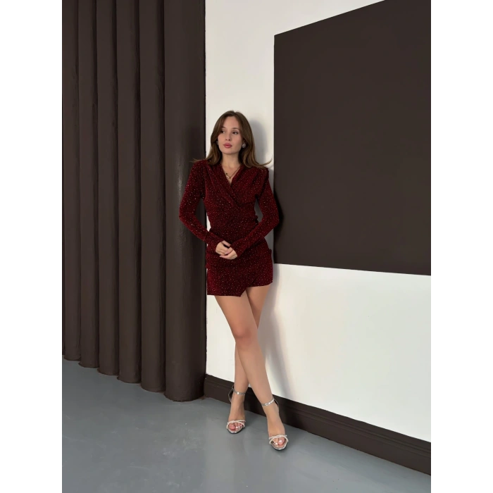 Sim Detaylı Mini Elbise Bordo