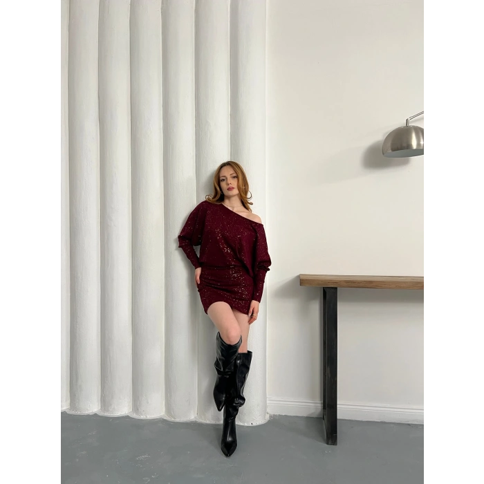 Sim Detaylı Tek Omuz Mini Elbise Bordo