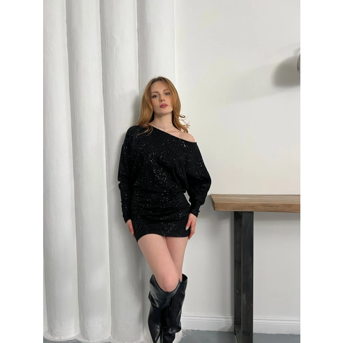 Sim Detaylı Tek Omuz Mini Elbise Siyah