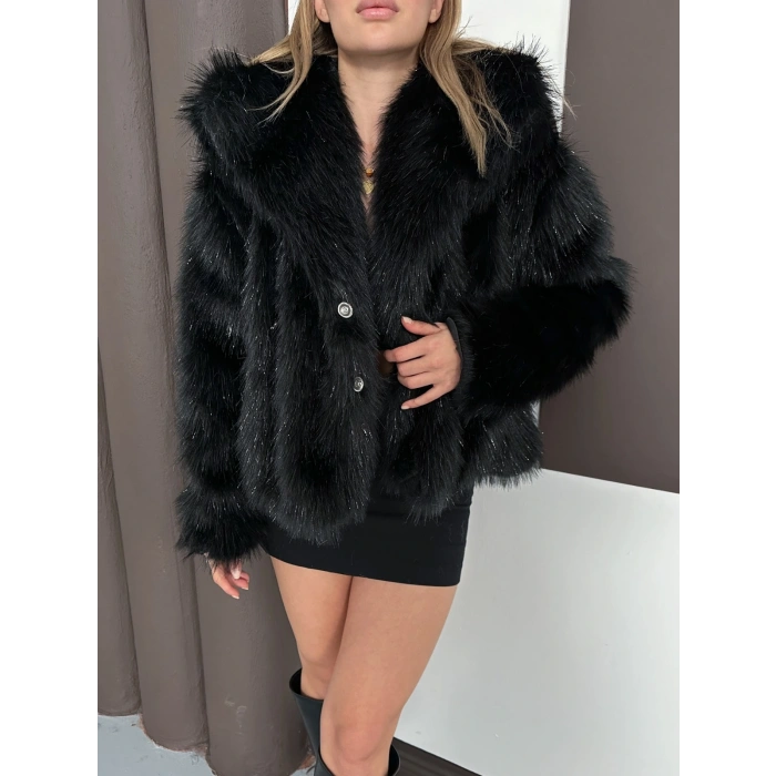 Simli Çıt Çıtlı Kürk Siyah