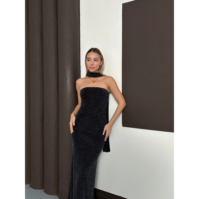 Simli Straplez Fularlı Elbise Siyah