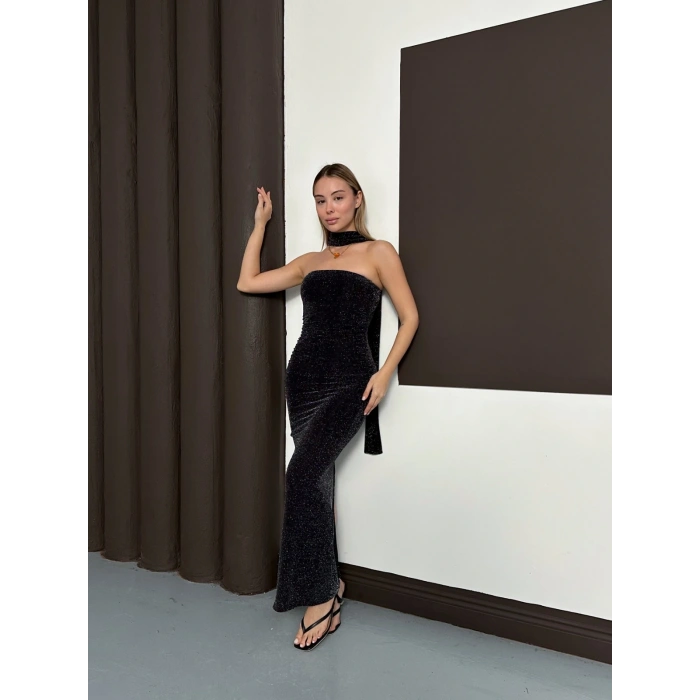 Simli Straplez Fularlı Elbise Siyah