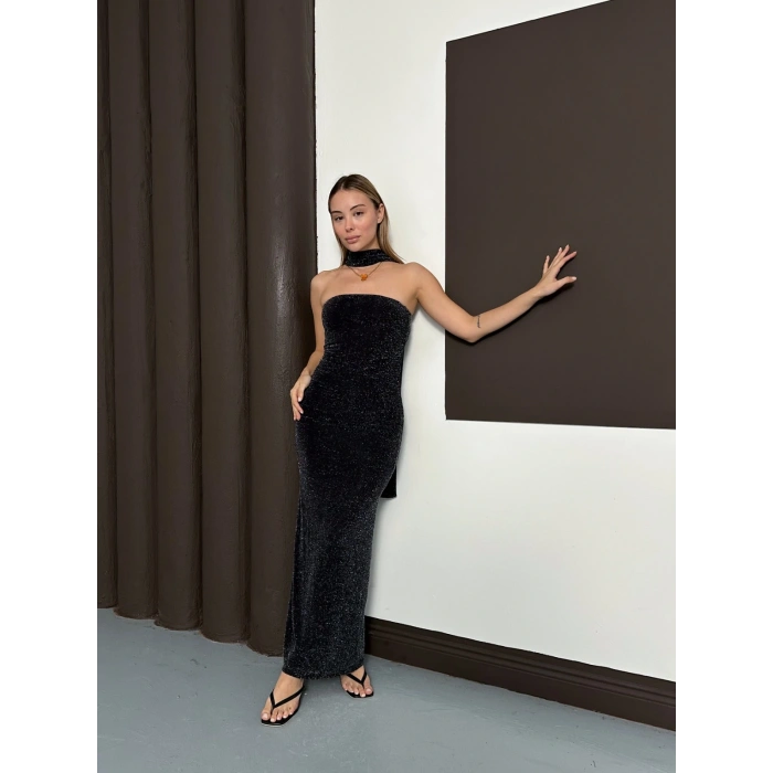 Simli Straplez Fularlı Elbise Siyah