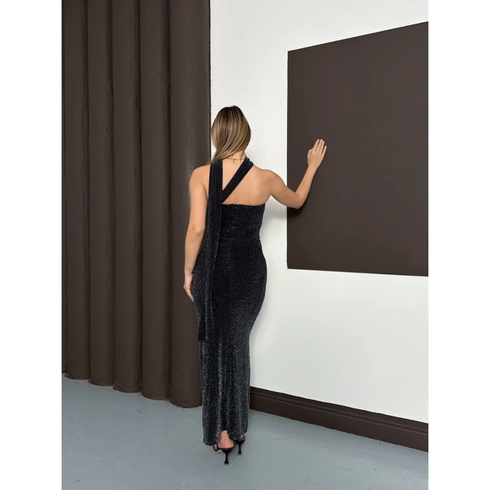 Simli Straplez Fularlı Elbise Siyah