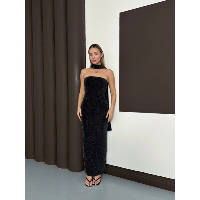 Simli Straplez Fularlı Elbise Siyah