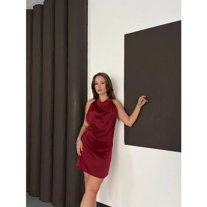Sırt Dekolte Saten Mini Elbise Bordo
