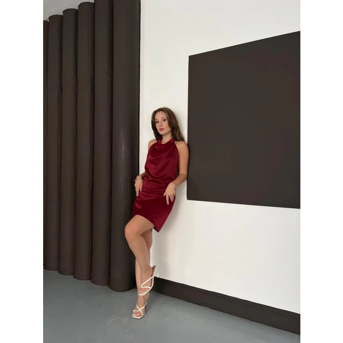 Sırt Dekolte Saten Mini Elbise Bordo
