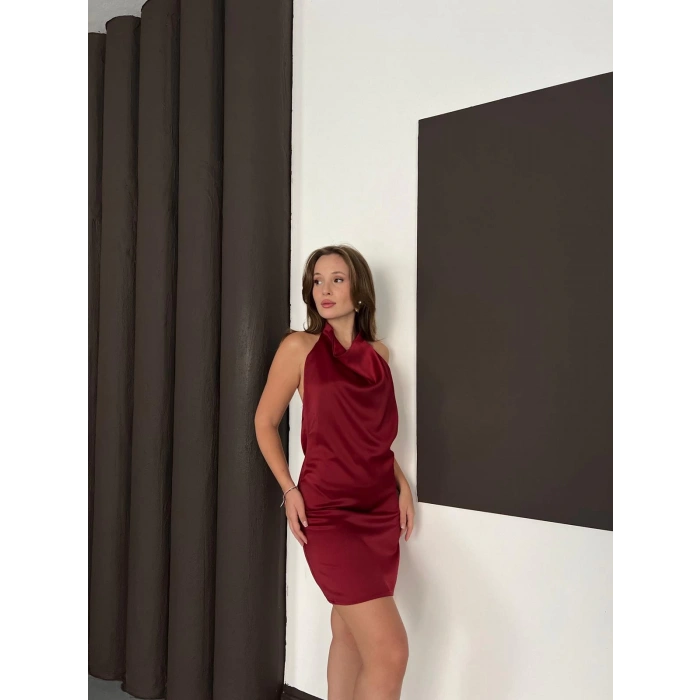 Sırt Dekolte Saten Mini Elbise Bordo