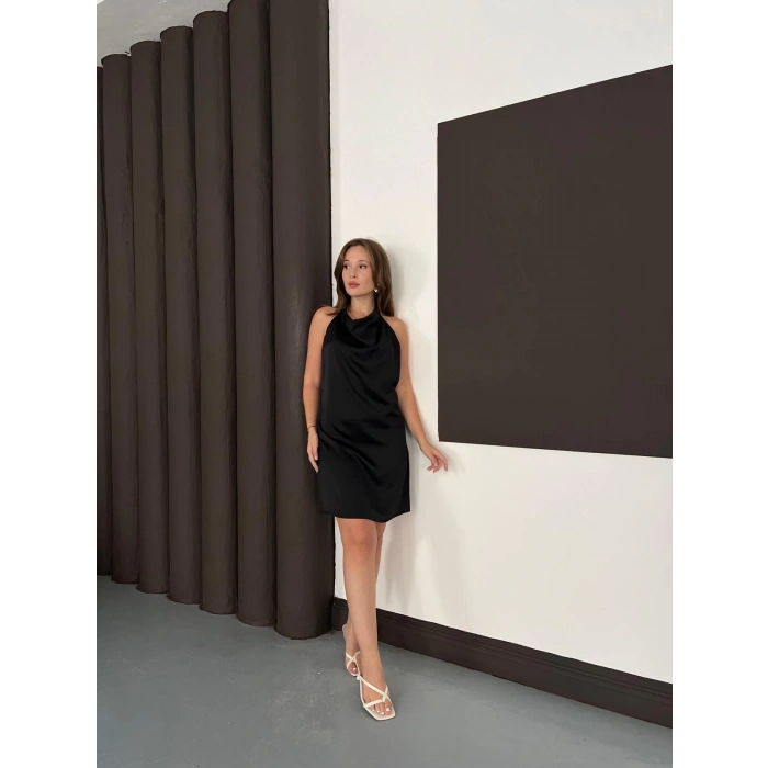 Sırt Dekolte Saten Mini Elbise Siyah
