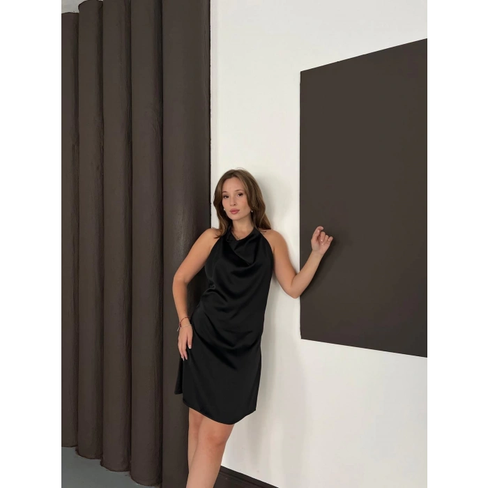 Sırt Dekolte Saten Mini Elbise Siyah