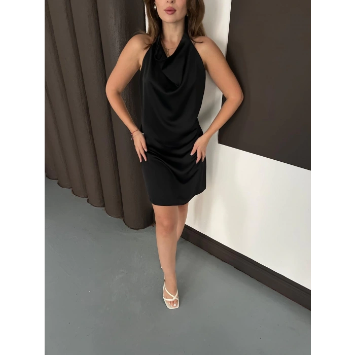 Sırt Dekolte Saten Mini Elbise Siyah