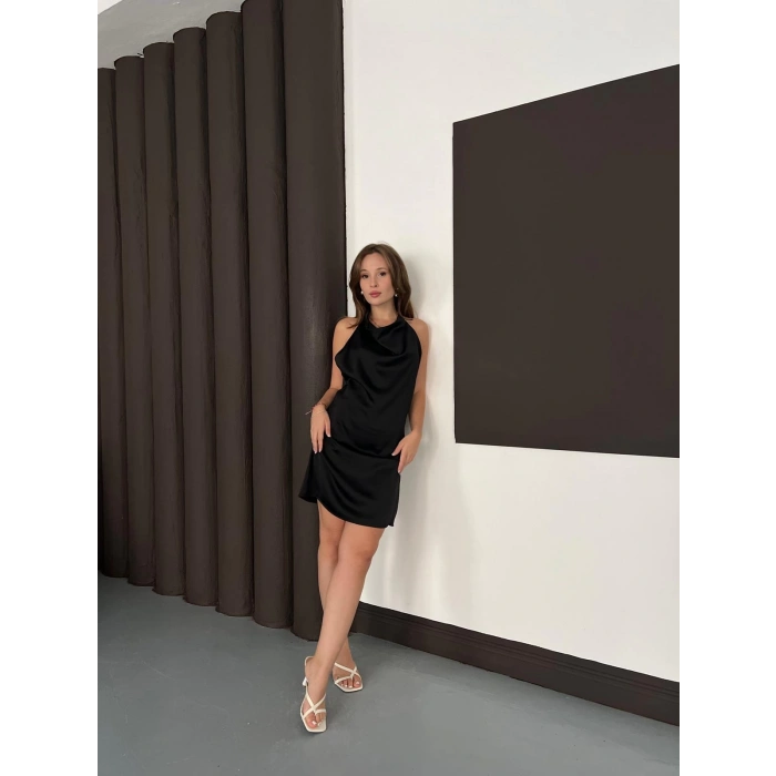 Sırt Dekolte Saten Mini Elbise Siyah