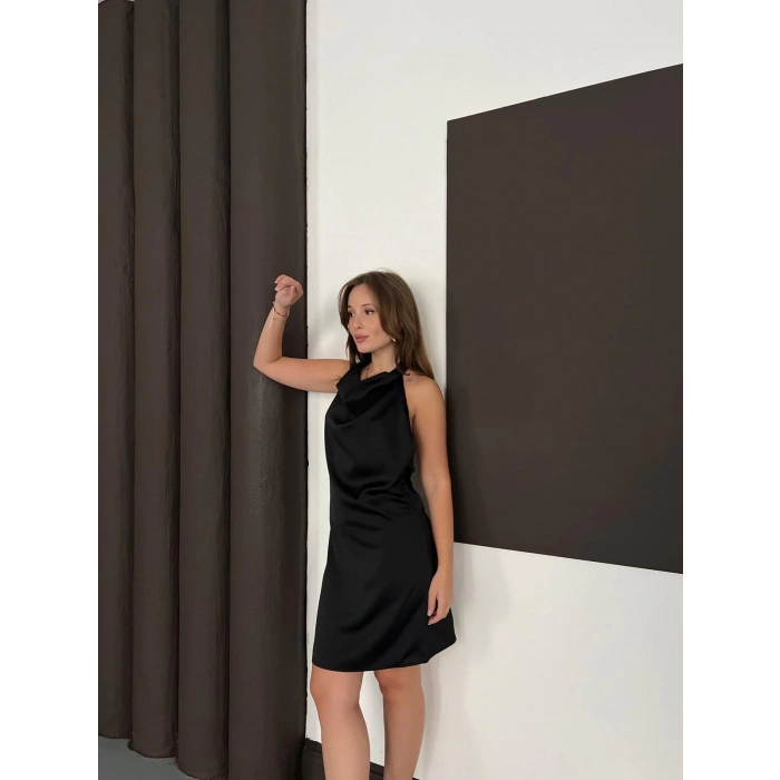 Sırt Dekolte Saten Mini Elbise Siyah