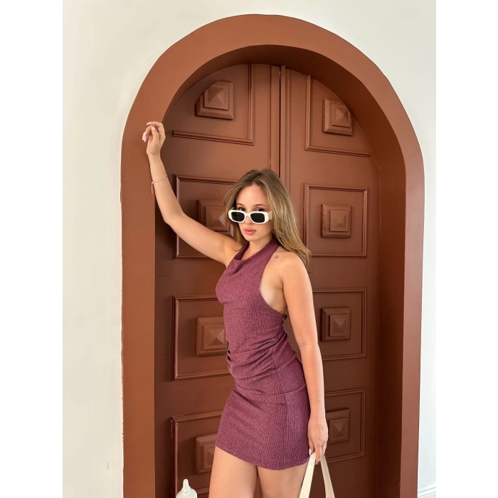 Sırt Dekolteli Mini Elbise Gül Kurusu