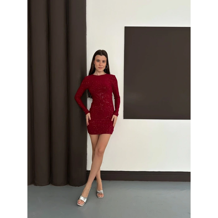Sırt Dekolteli Simli Elbise Kırmızı