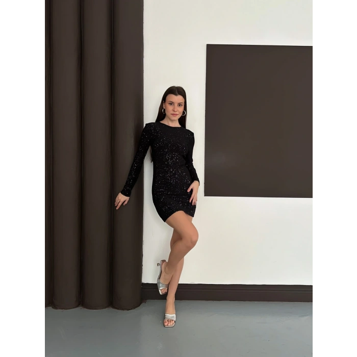 Sırt Dekolteli Simli Elbise Siyah