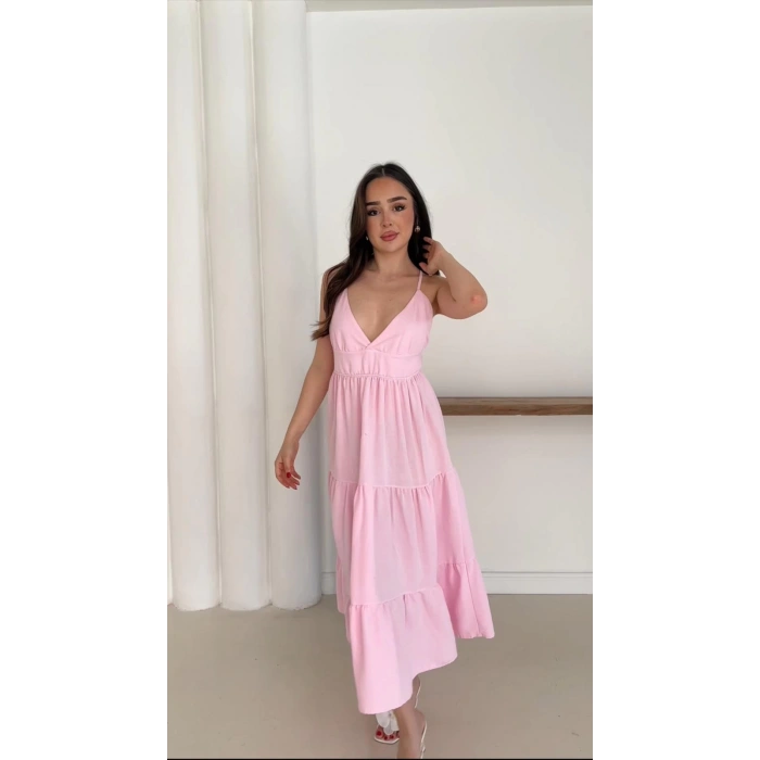Sırt Detaylı Askılı Keten Elbise Pembe