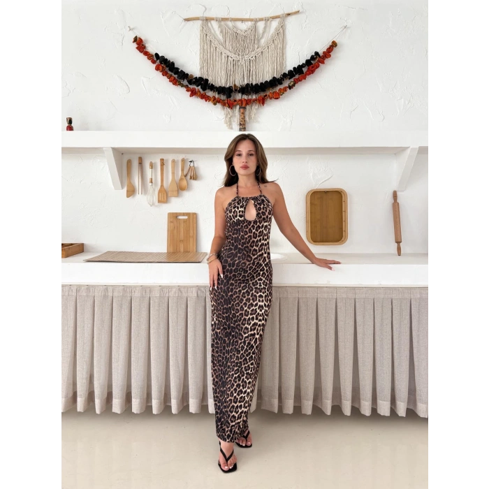 Sırt Detaylı Askılı Leopar Desen Elbise