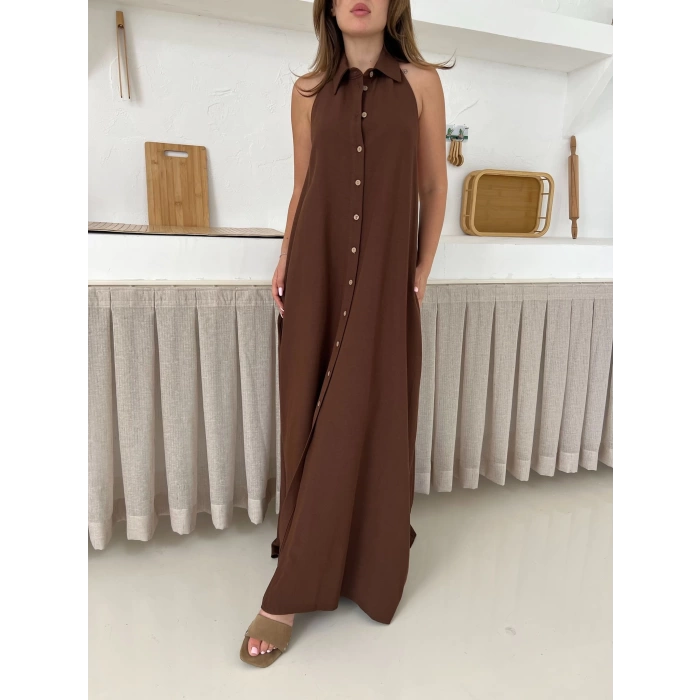Sırt Detaylı Ham Keten Elbise Kahverengi