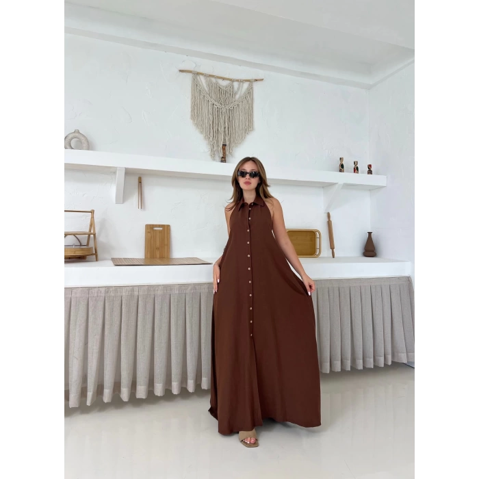 Sırt Detaylı Ham Keten Elbise Kahverengi