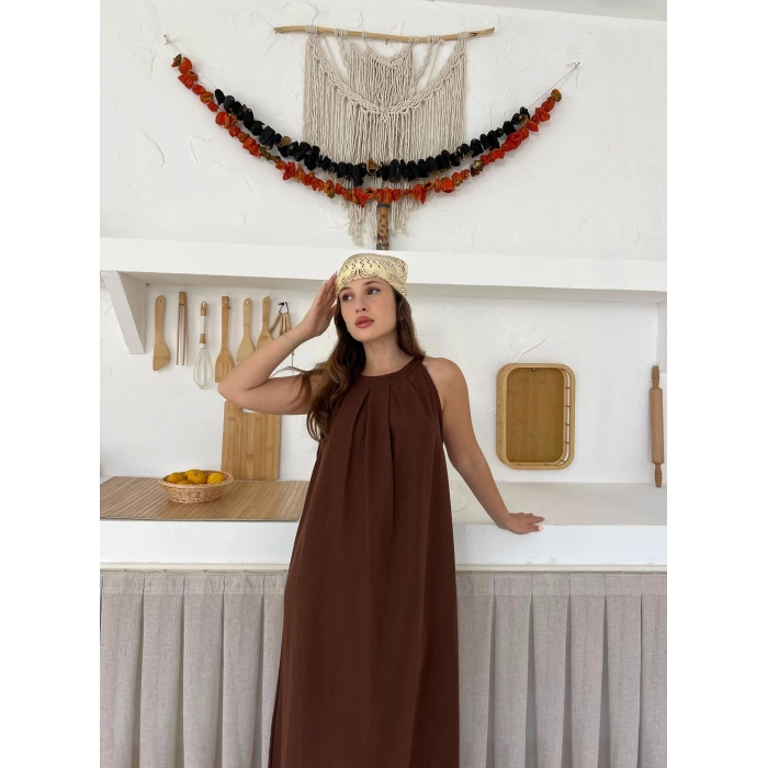 Sırt Pencere Detay Keten Elbise Kahverengi