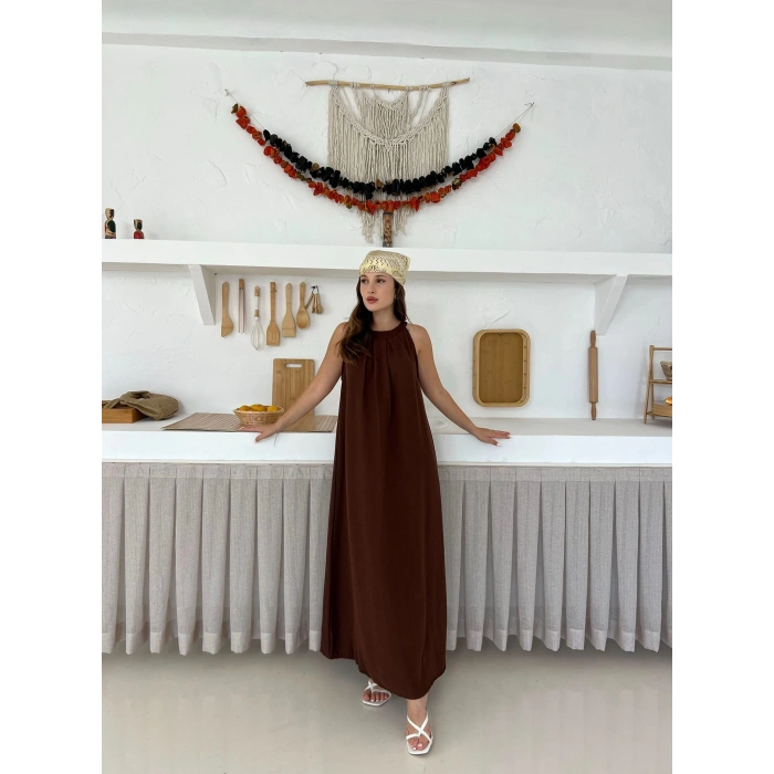 Sırt Pencere Detay Keten Elbise Kahverengi