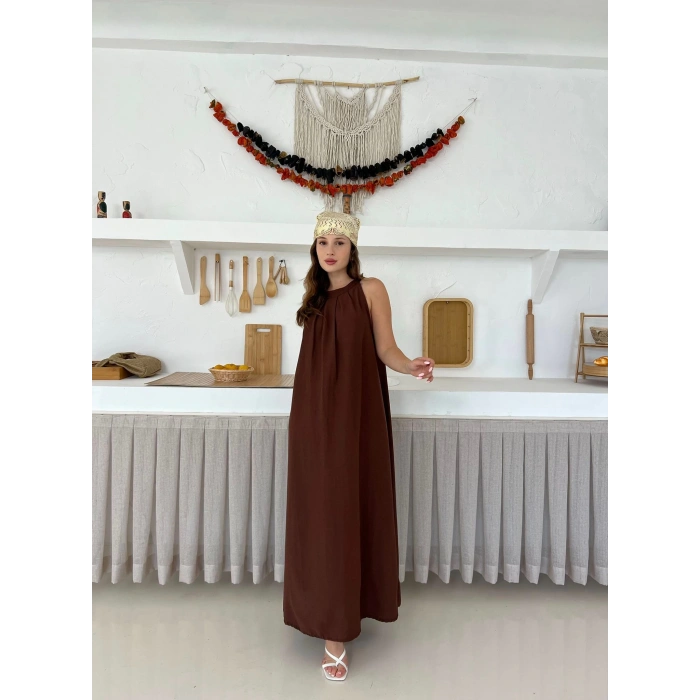 Sırt Pencere Detay Keten Elbise Kahverengi