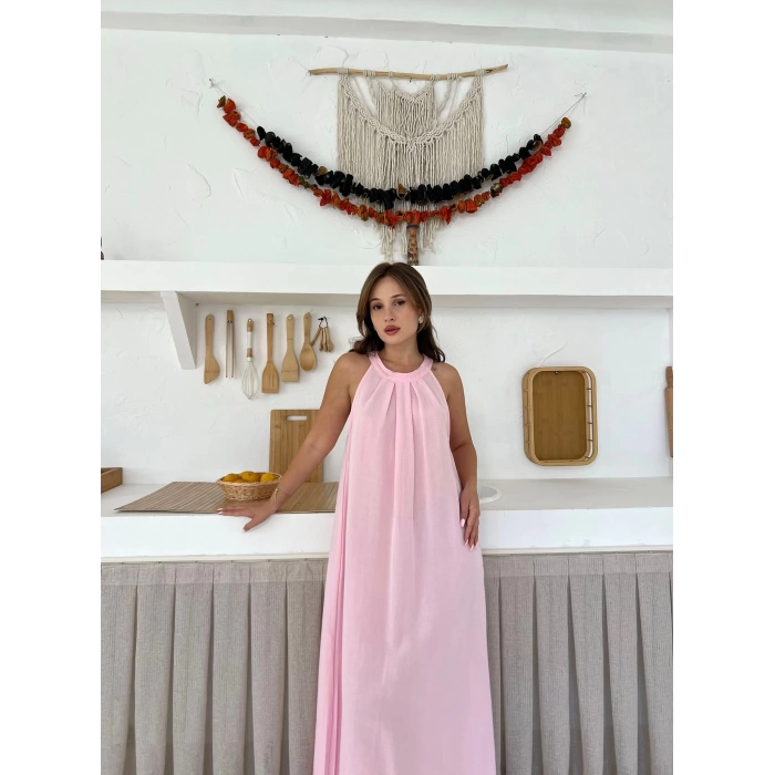 Sırt Pencere Detay Keten Elbise Pembe
