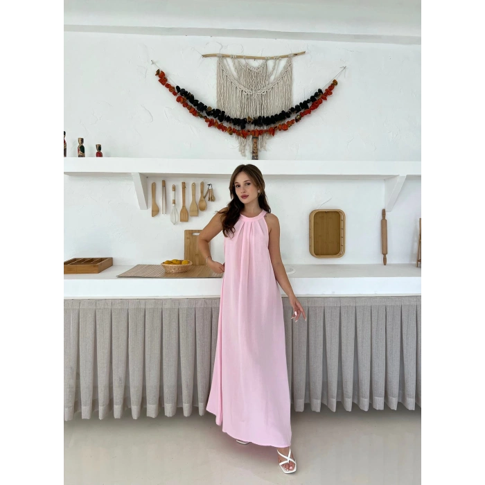 Sırt Pencere Detay Keten Elbise Pembe
