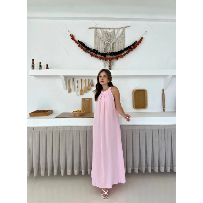 Sırt Pencere Detay Keten Elbise Pembe
