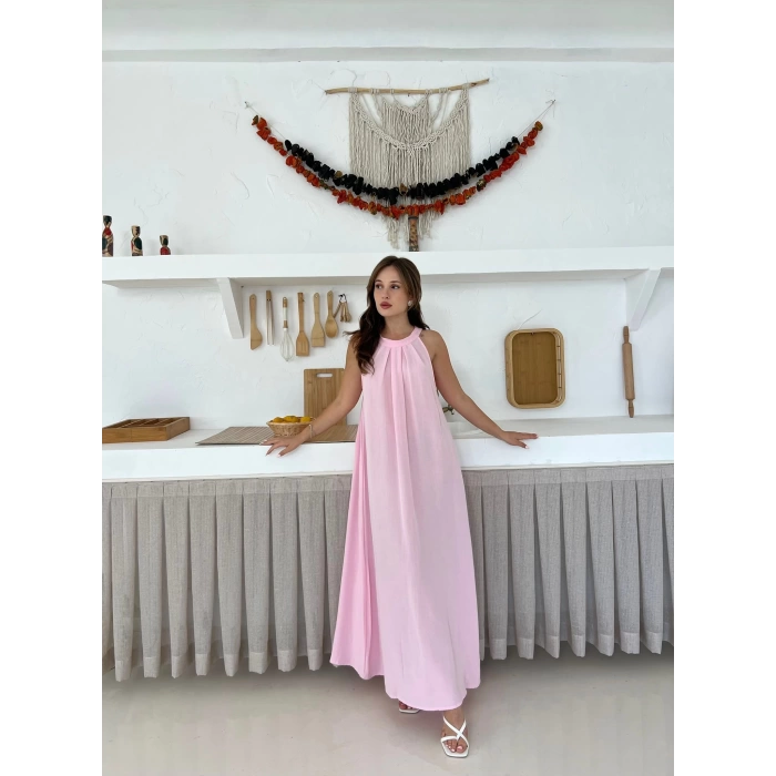 Sırt Pencere Detay Keten Elbise Pembe