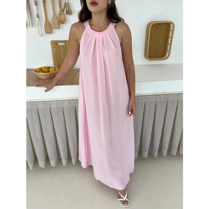 Sırt Pencere Detay Keten Elbise Pembe