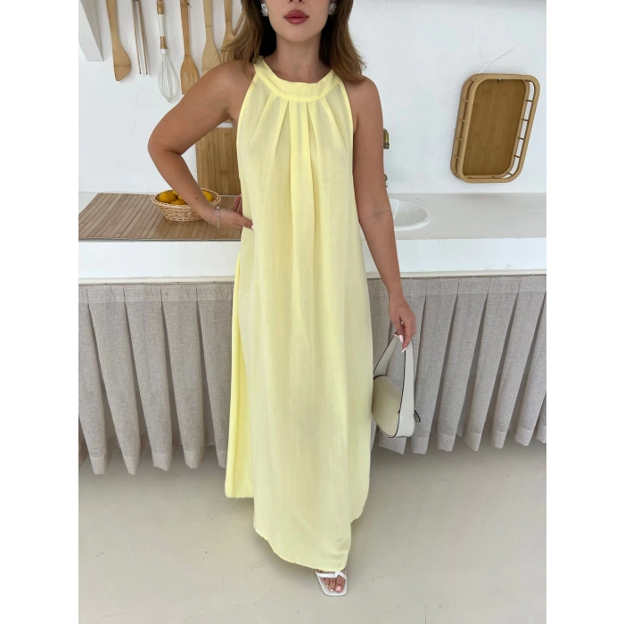 Sırt Pencere Detay Keten Elbise Sarı