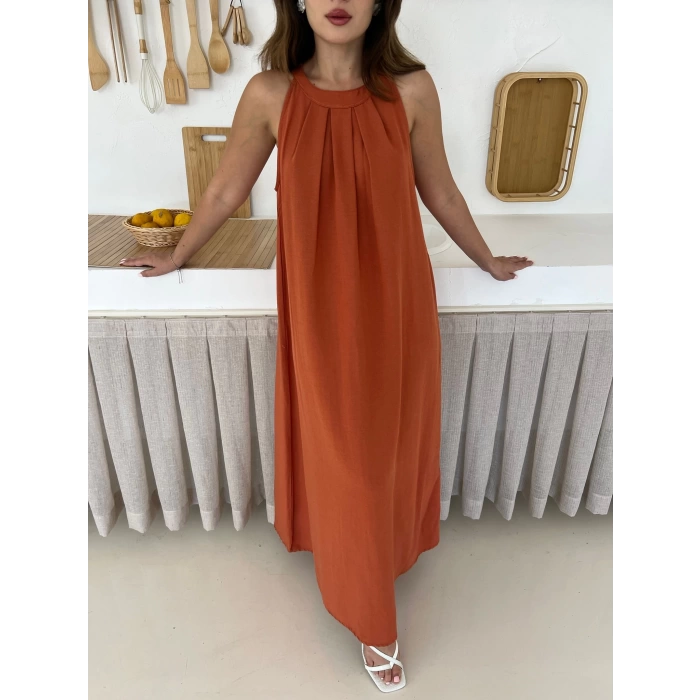 Sırt Pencere Detay Keten Elbise Turuncu