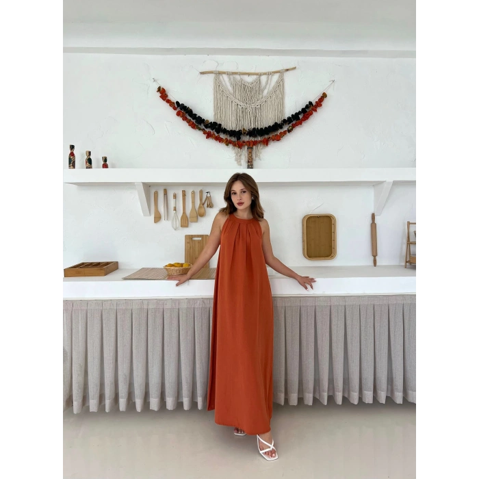 Sırt Pencere Detay Keten Elbise Turuncu