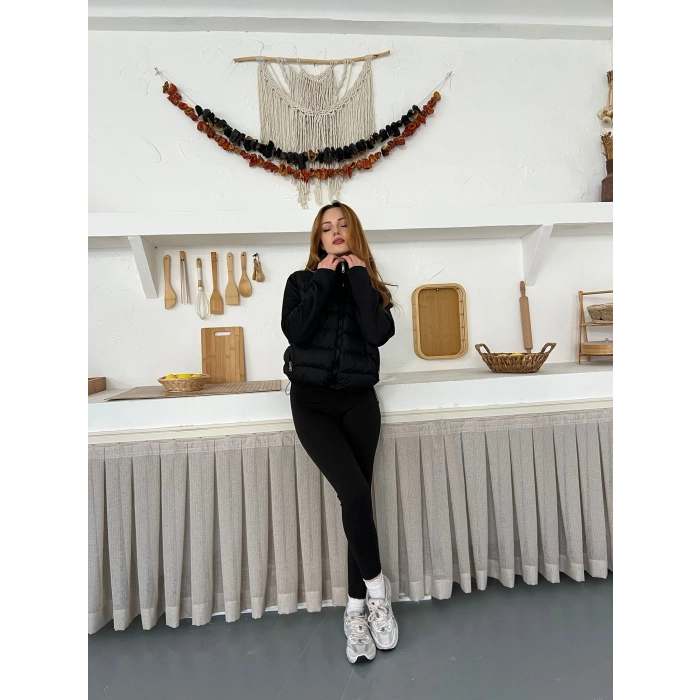 Şişme Crop Mont Siyah