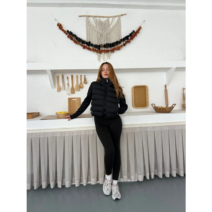 Şişme Crop Mont Siyah