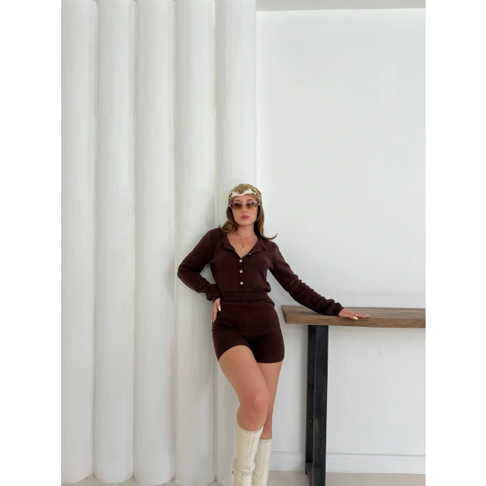 Şortlu Çıtçıtlı Bodysuit Triko Takım Kahve