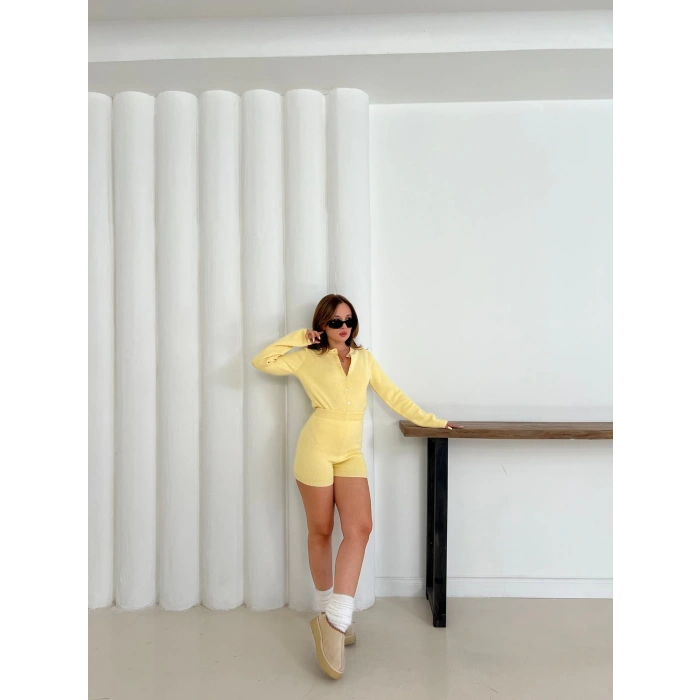 Şortlu Çıtçıtlı Bodysuit Triko Takım Sarı