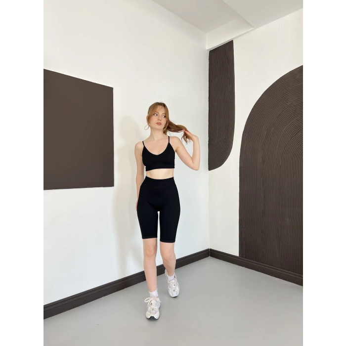 Spor Şort-Crop Takım Siyah