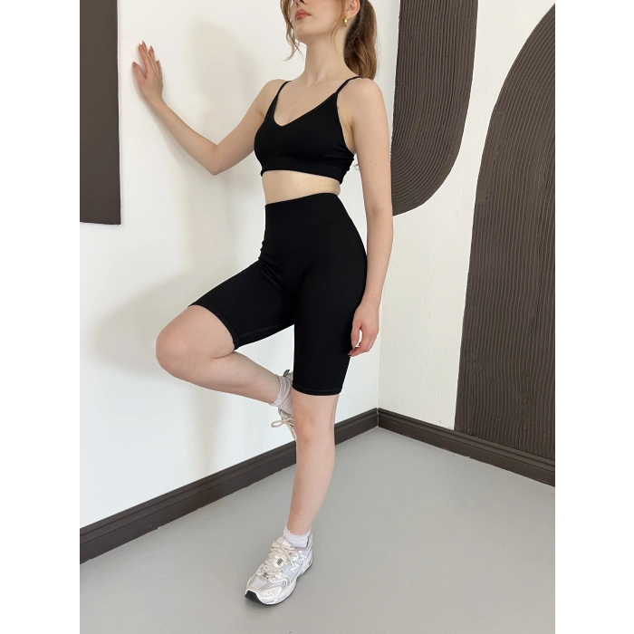 Spor Şort-Crop Takım Siyah